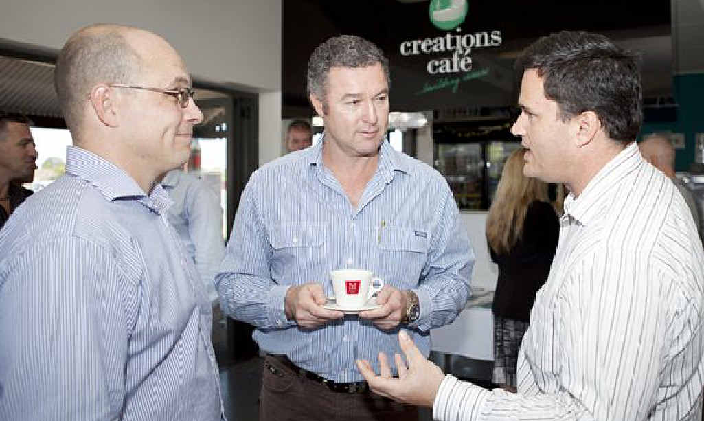 Hospitality trainer Russell Czinege with Minister for Education and Employment John-Paul Langbroek (centre) and Councillor Stuart Taylor at Creations Café in Hervey Bay on Saturday. Hospitality trainer Russell Czinege with Minister for Education and Employment John-Paul Langbroek (centre) and Councillor Stuart Taylor at Creations Café in Hervey Bay on Saturday.